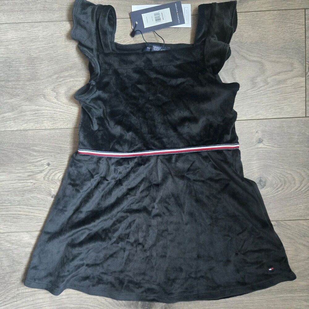 Tommy Hilfiger Girls XS 4-5 Black Velour Velvet Adaptive Flutter Slv Dress NWT